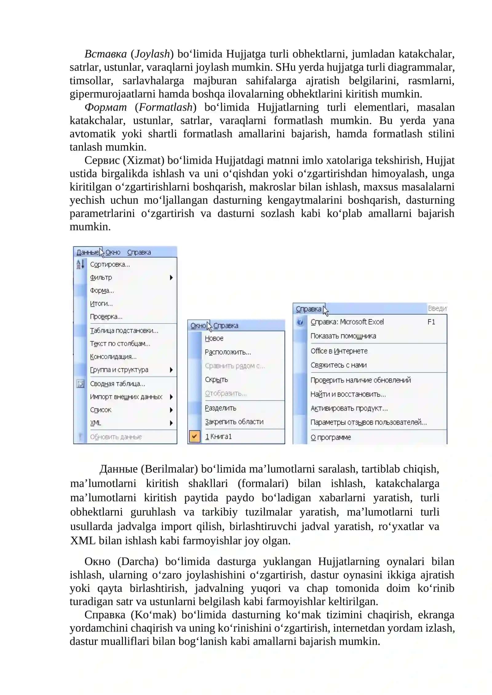 Mavzu №12: Jadval protsessorlari, Microsoft Excel dasturi ekran interfeysi 4