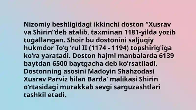 Xamsanavislik. Nizomiy Ganjaviy 4