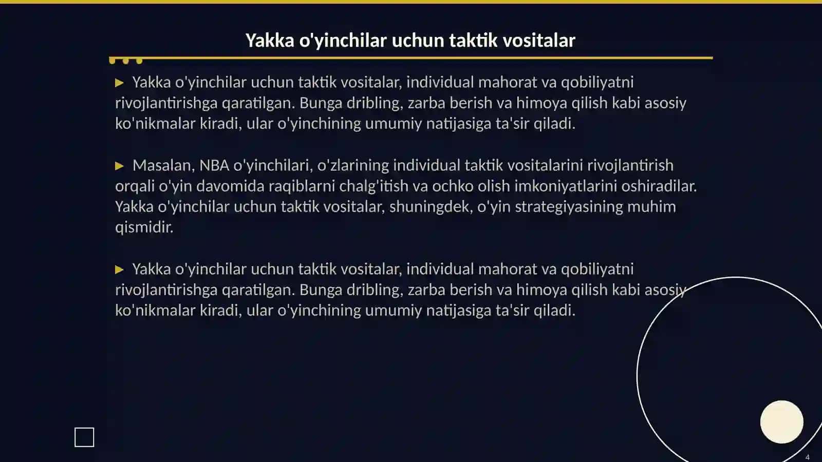 Baskitbolda taktikani o'rganish asoslari 4