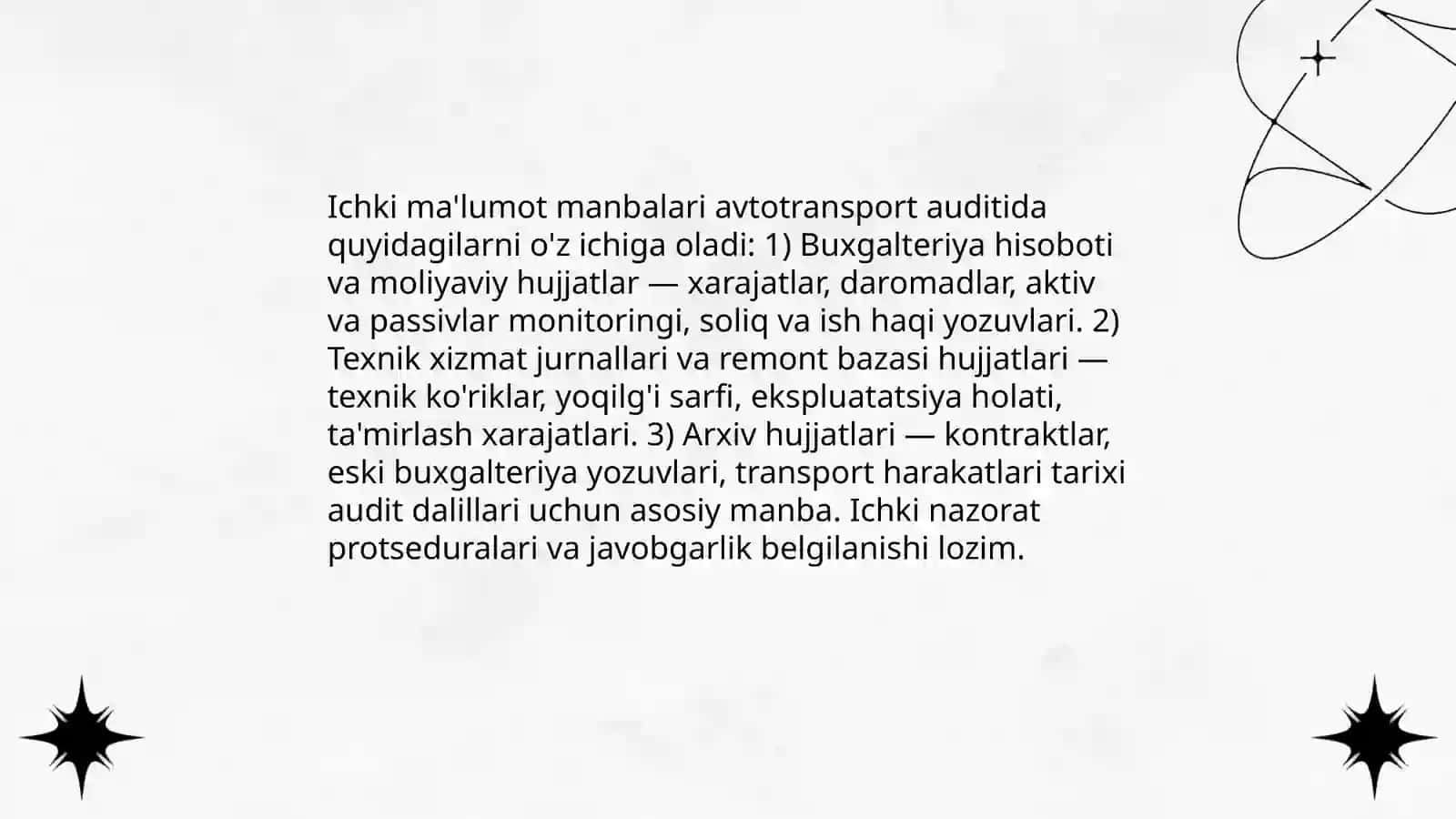 Avtotransport korxonalarida auditning ma’lumоt manbalari, vazifalari tashkil qilish asoslari 4