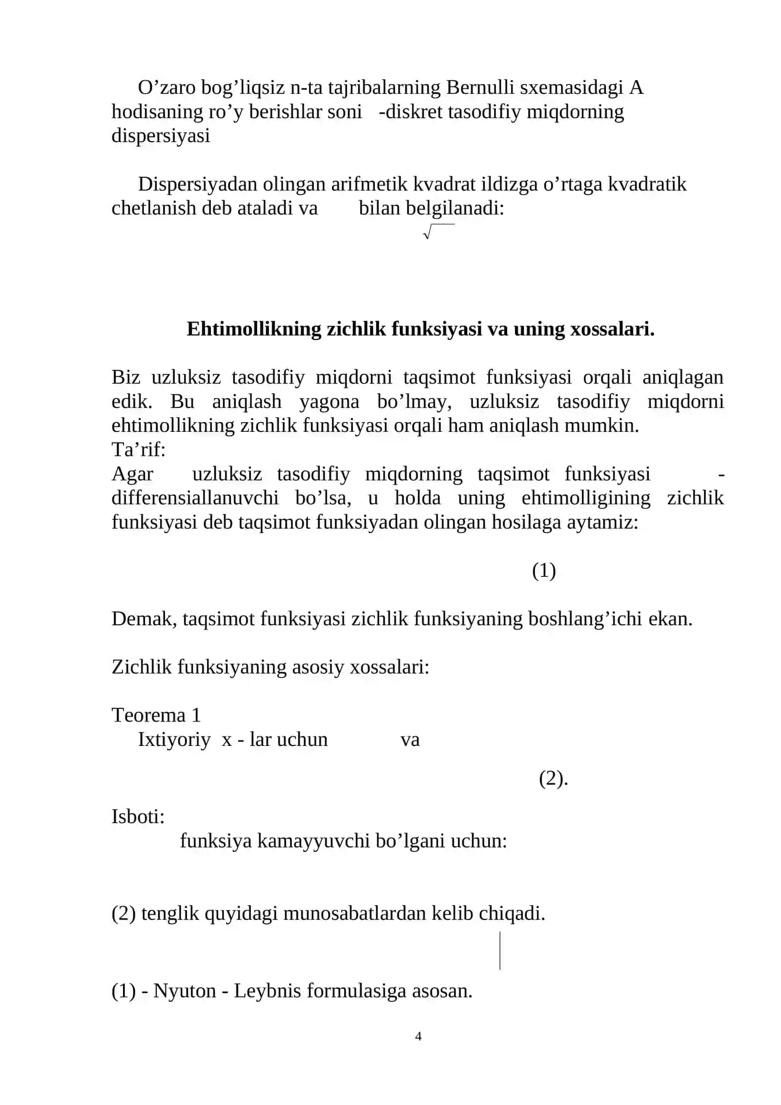 O‘rtacha qiymat. Matematik kutilish. Dispersiya 4