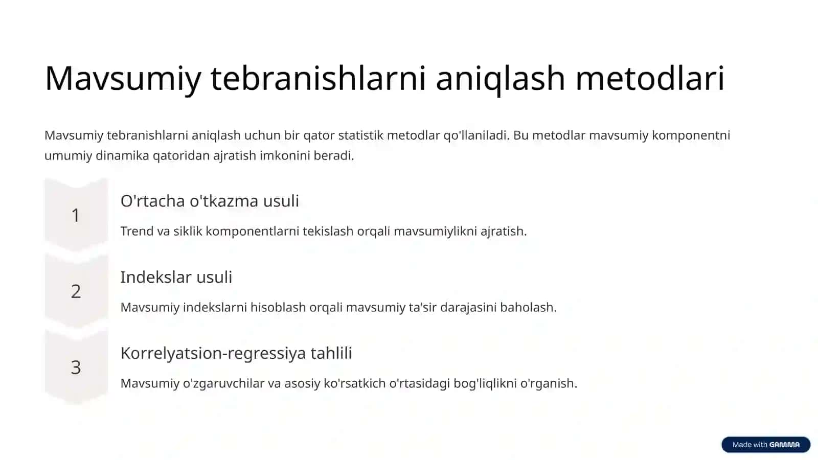 Dinamika qatorlarida mavsumiy tebranishlarni statistik o'rganish usullari 4