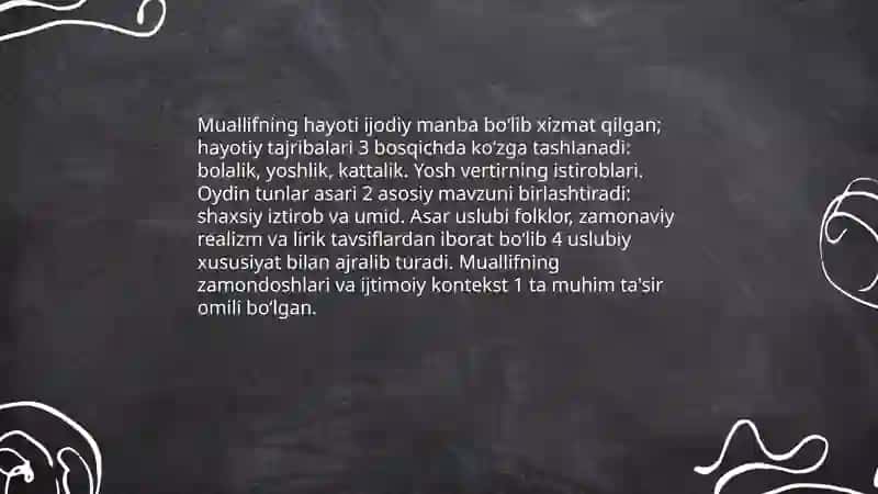 Yosh vertirning istiroblari. Oydin tunlar 4