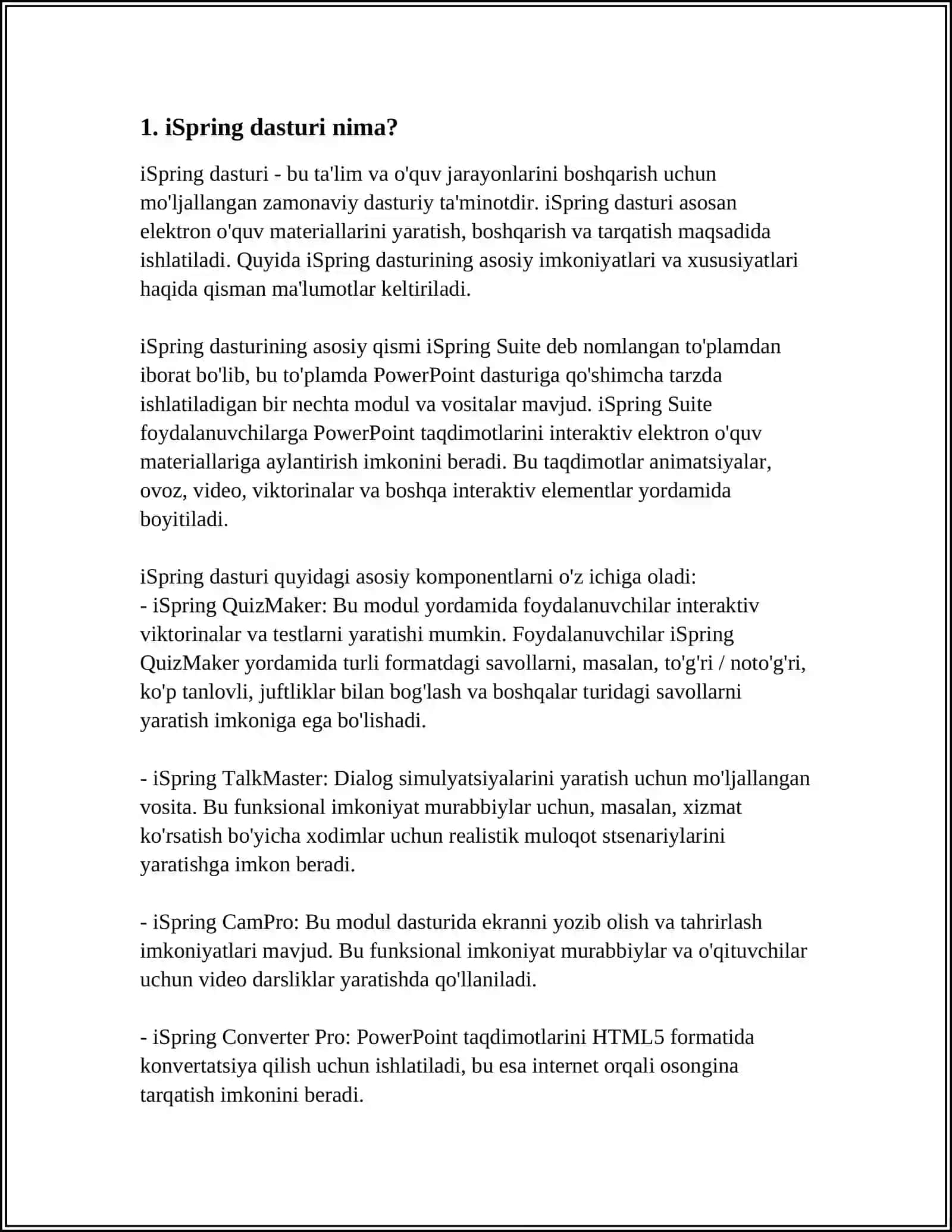 MUSTAQIL ISH Mavzu: ISPRING DASTURIDA TANLAGAN MAVZU BOʻYICHA TESTLAR YARATISH 4
