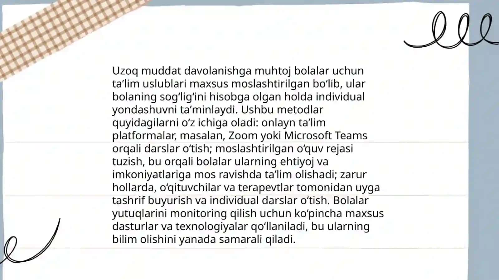 Oʻzbekistonda davolash profilaktika muassasalarida statsionar sharoitda uzoq muddat davolanishga muhtoj bolalarga umumiy taʼlim berishni tashkil etish 4