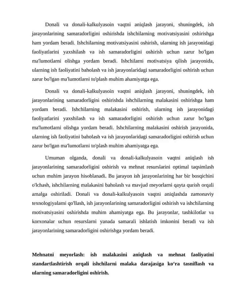 Donali va donali-kalkulyasoin vaqt.Mehnatni meyorlash ish malakasini aniqlash.Mavjud meyorlarini qayta qurish 4