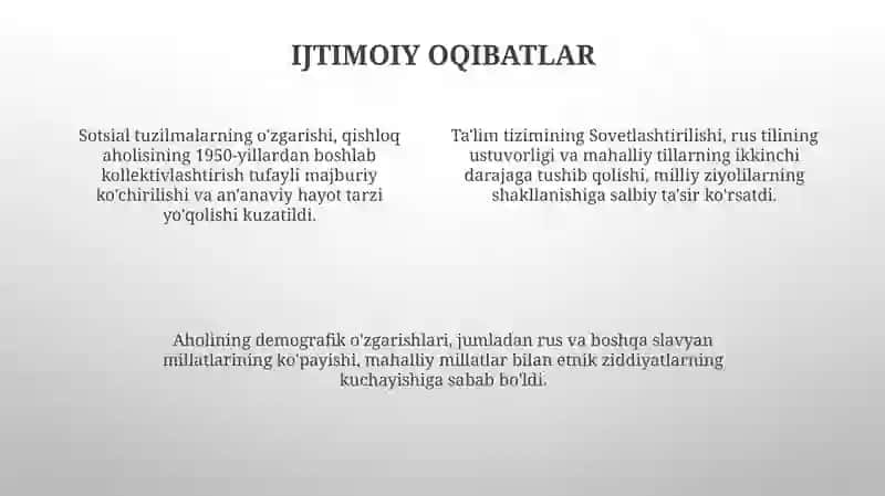 Orta osiyoning sssrga qaram davrida iqtisodiy ijtimoiy siyosiy va manaviy oqibatlari 4
