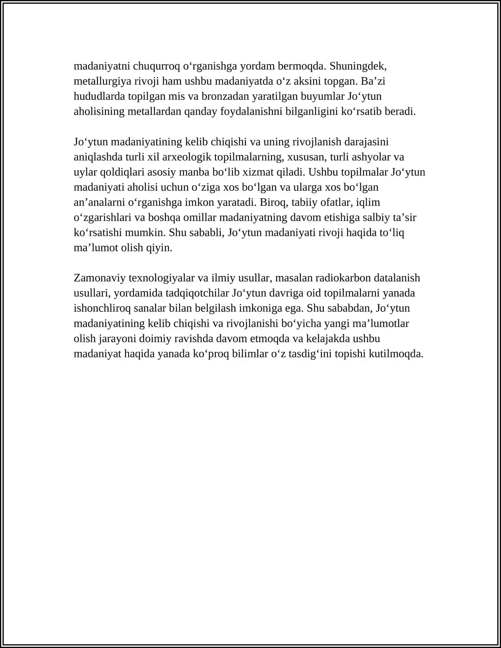 AXEALOGIYA FANIDAN MUSTAQIL ISH REFERAT " JOYTUN MADANIYATI" 4