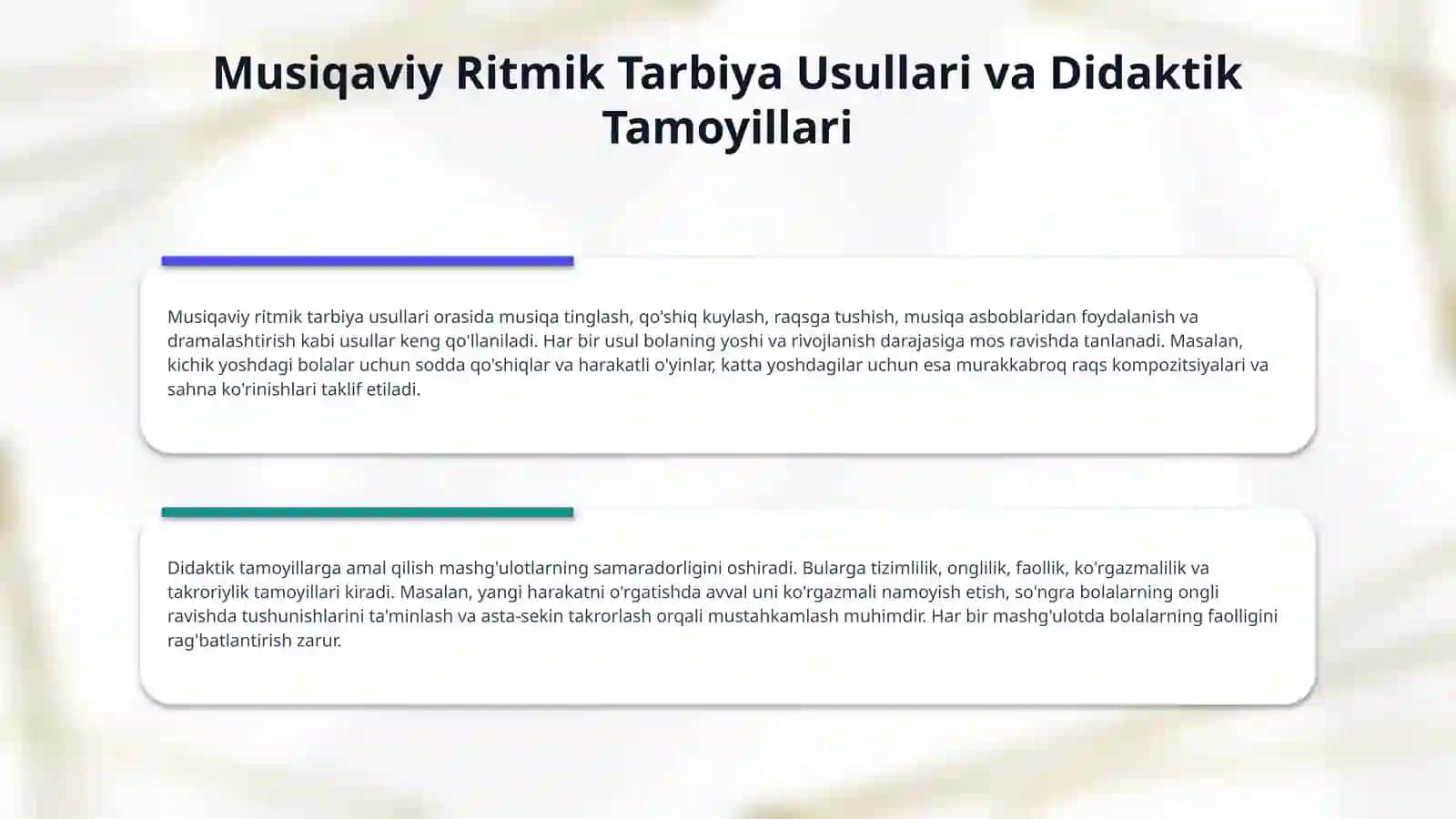 Bolalarni musiqaviy ritmik g‘arakatlarga o‘rgatish. 4