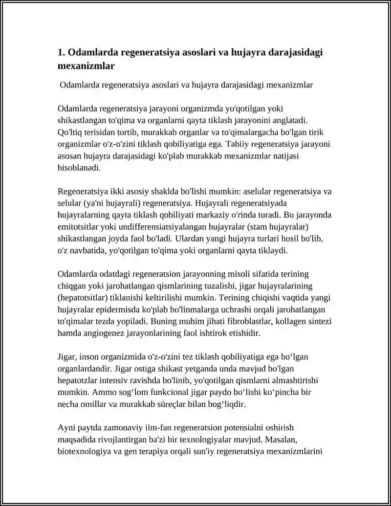 "ODAMLARDA REGENERATSIYA" MUSTAQIL ISH 4