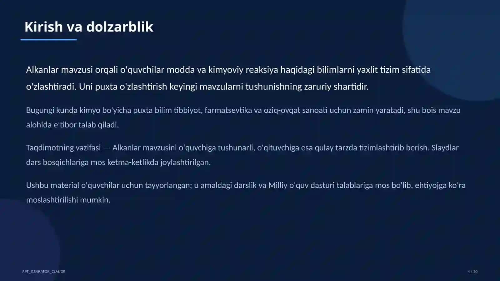 Alkanlar (10-sinf) Kimyo (7–11) — o'quvchilar uchun 4