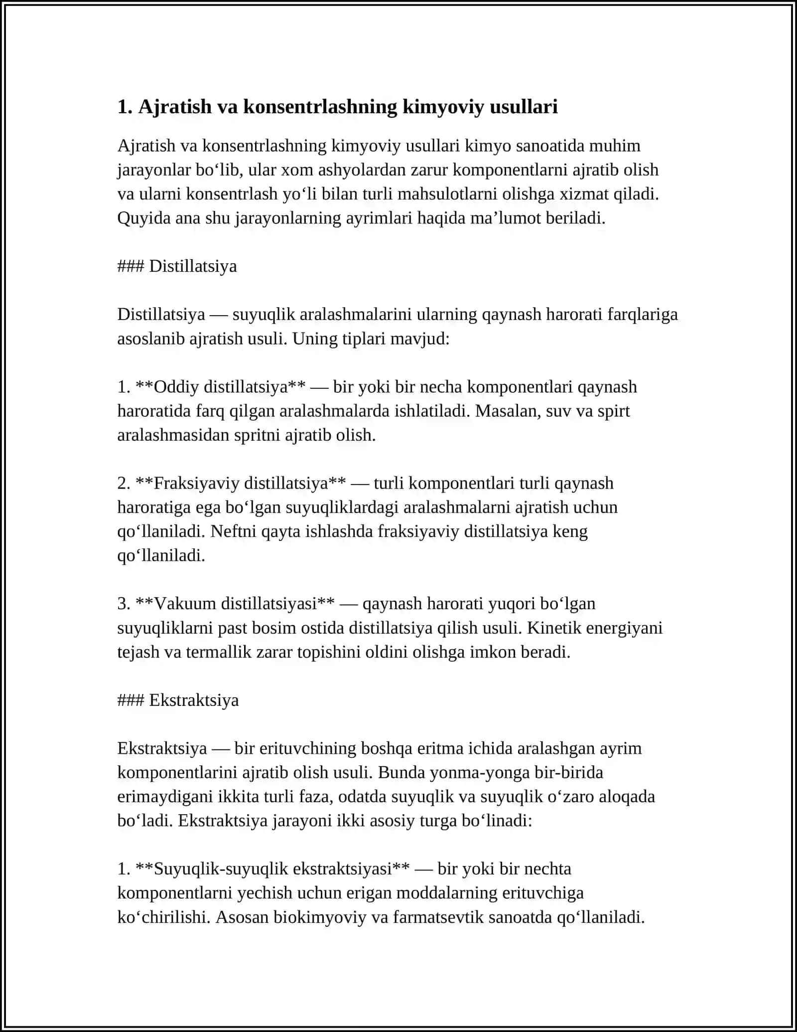 AJRATISH VA KONSENTRLASHNING KIMYOVIY, FIZIK-KIMYOVIY VA FIZIKAVIY USULLARI HAMDA KONSENTRLASHNING EKSTRAKSION VA XROMATOGRAFIK USULLARI 4