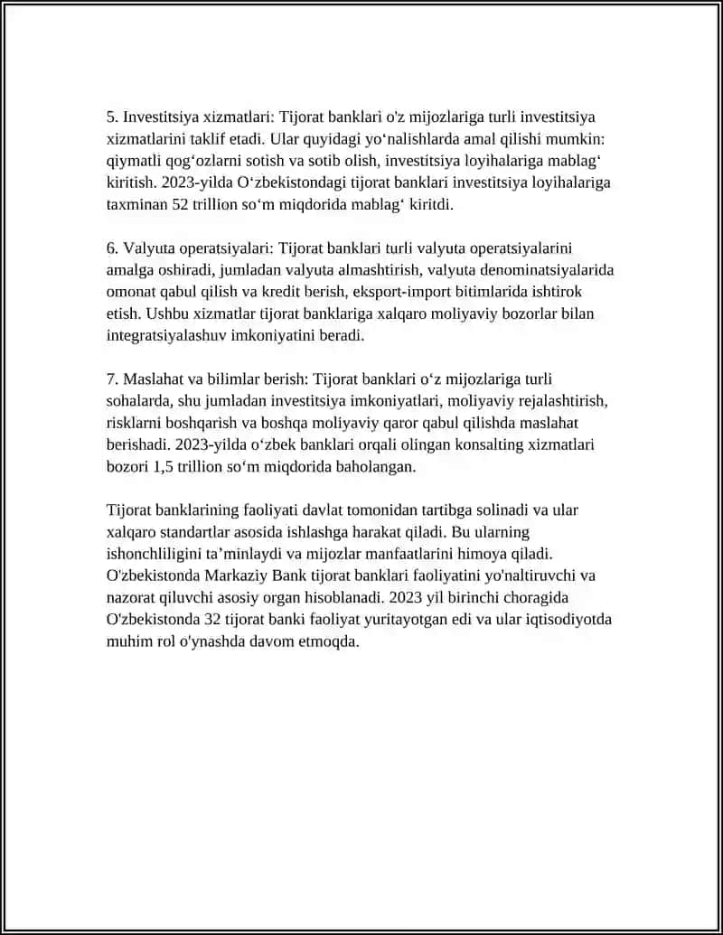 O'ZBEKISTONDA TIJORAT BANKLARINING OPERATSIYALARI VA XIZMATLARI 4