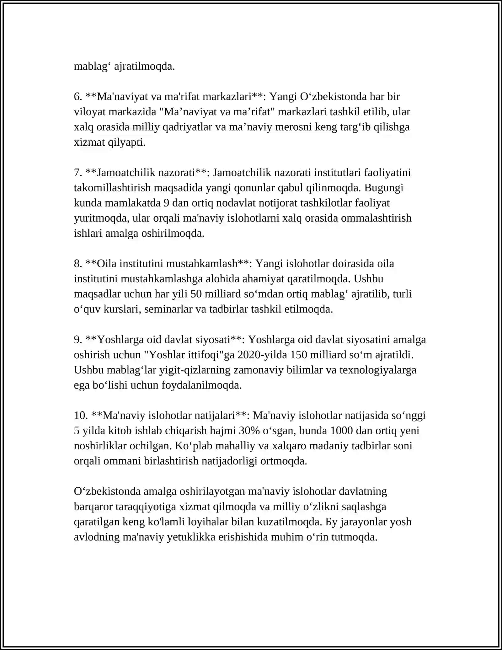 YANGI OʻZBEKISTONDA AMALGA OSHIRILAYOTGAN MA'NAVIY OʻZGARISHLAR 4
