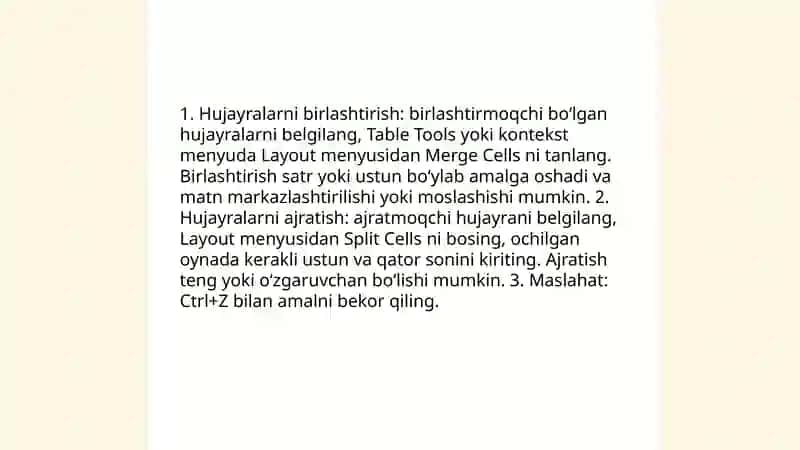 Microsoft Word'da jadvallarni tahrirlash misollari 4