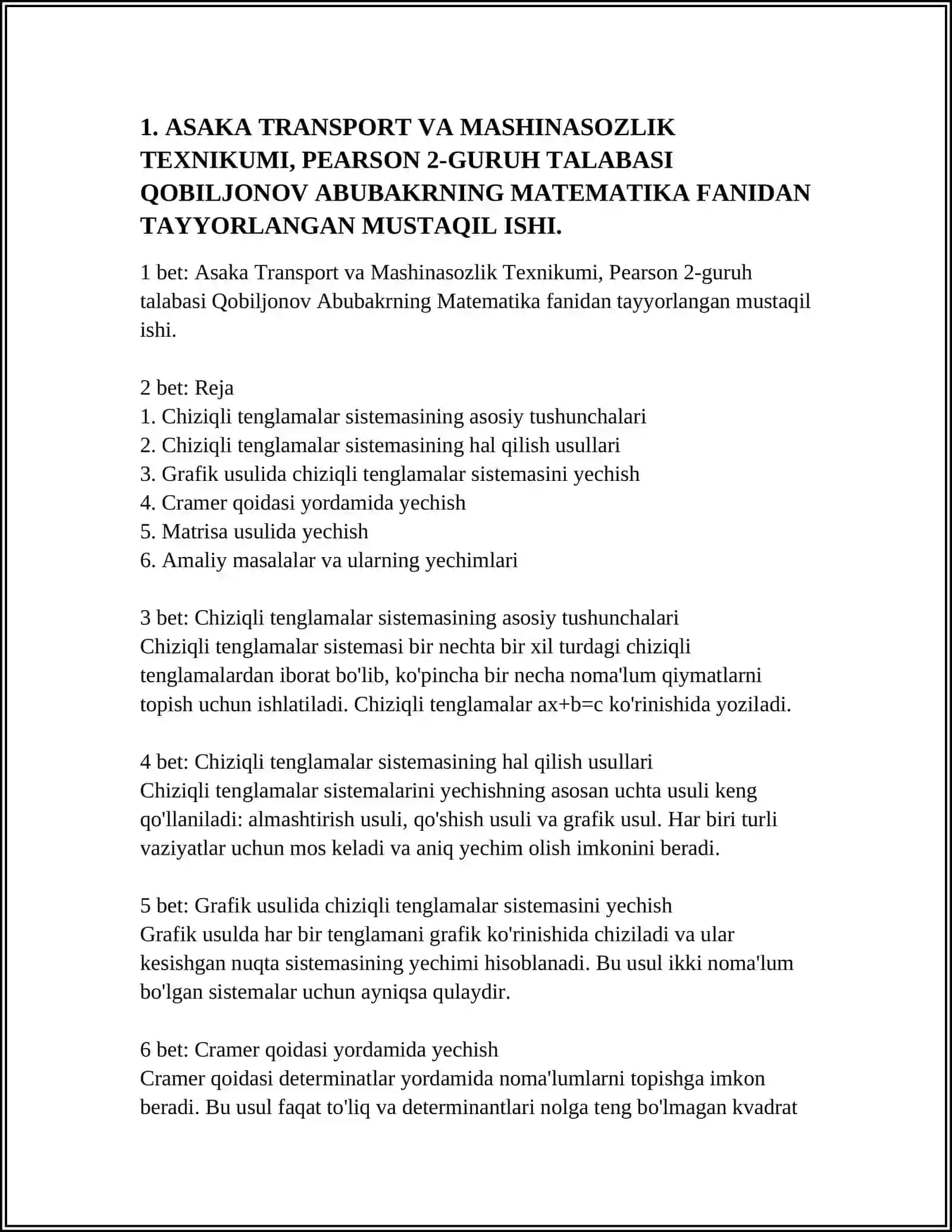 CHIZIQLI TENGLAMALAR SISTEMASI NI REFARAT QILASAN POWER POINTDA OCHILADIGAN QILIB 10 BETLIK BOLADI 4