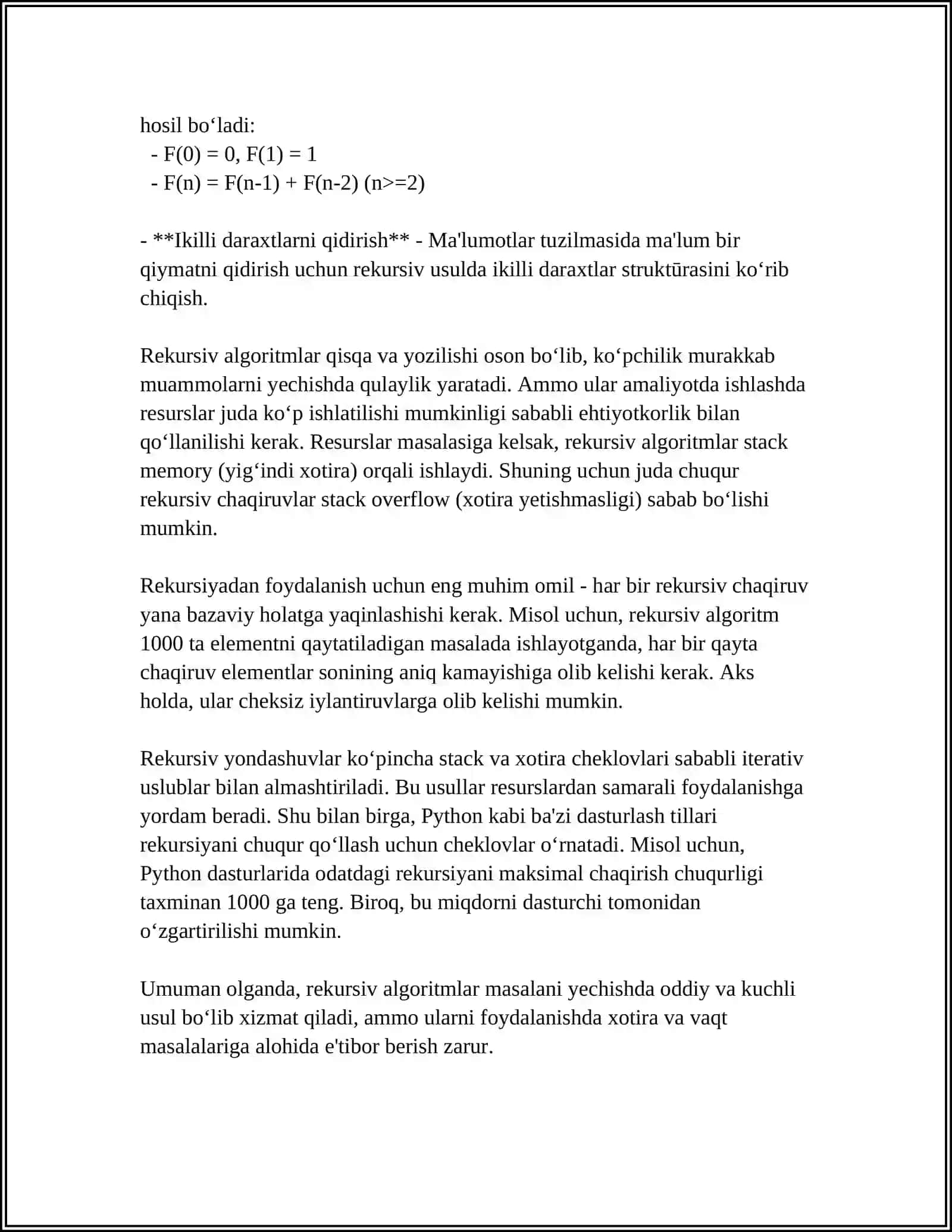 REKURSIV VA SARALASH ALGARITMLARIGA OID ALGARITMLAR TUZING 4