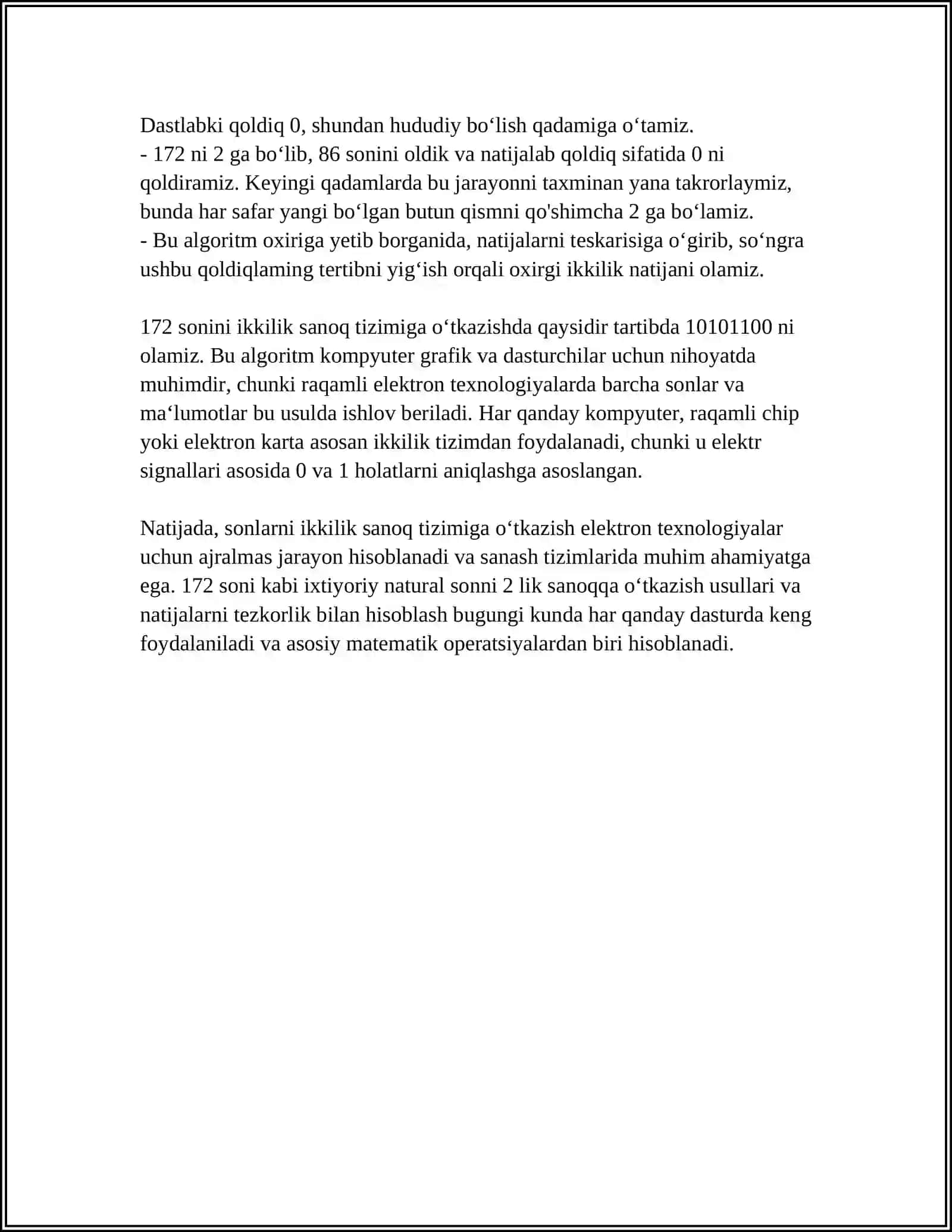 172 sonini 2 lik sanoq sistemasiga o‘tkazish 4