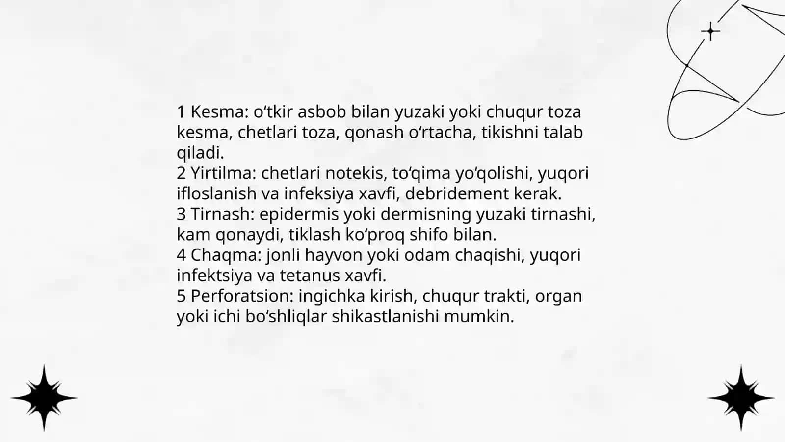 Yumshoq to'qimalar ochiq shikasti (jarohatlar tog'risida ta'lim) Jarohatlar tasnifi.Jarohatning bitishi 4