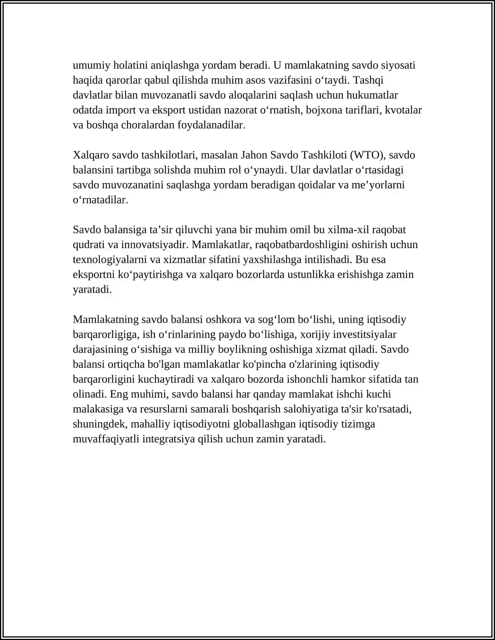 XALQARO TOVAR AYLANISHI VA SAVDO BALANSI REFERAT 4