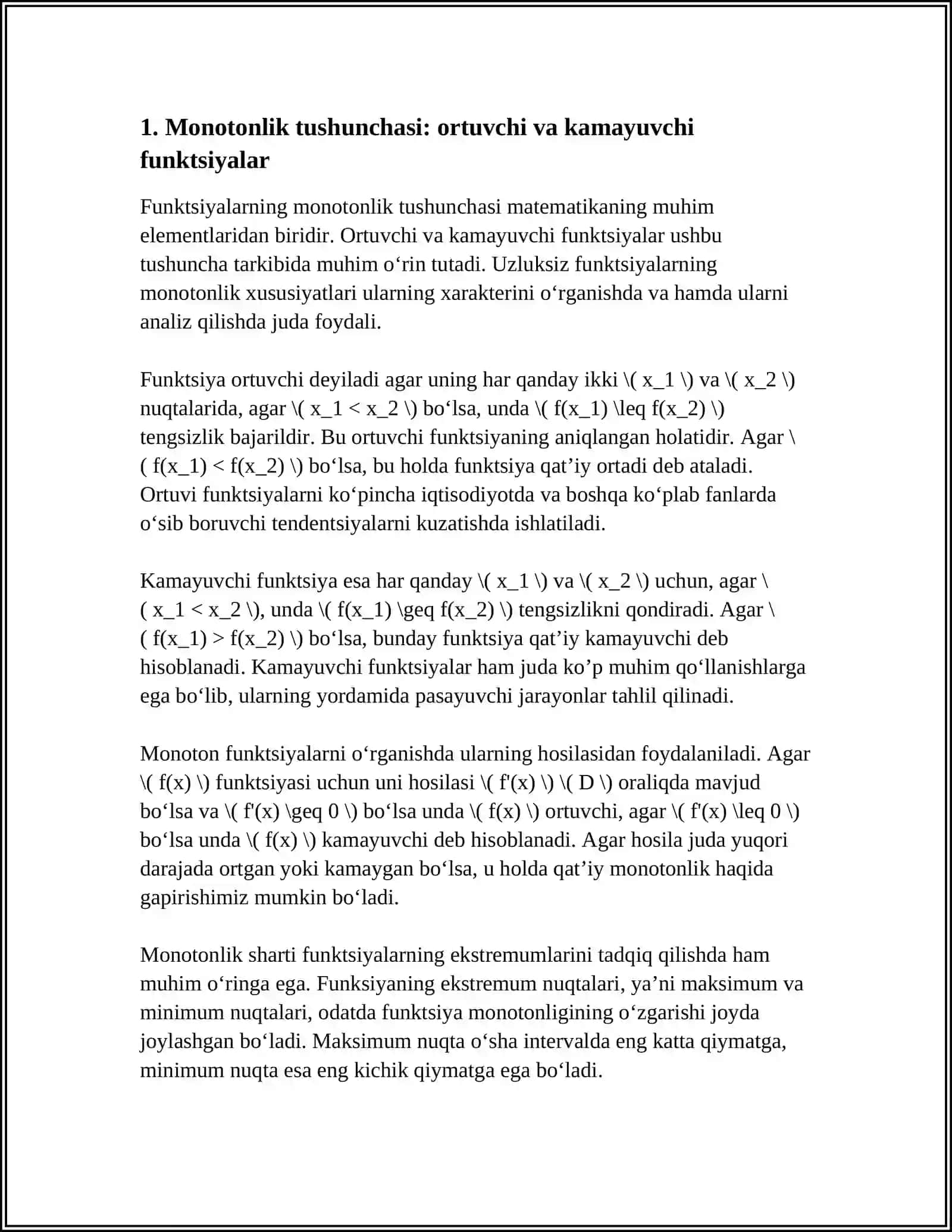 FUNKTSIYALARNING MONOTONLIK SHARTI. EKSTREMUMLAR 4
