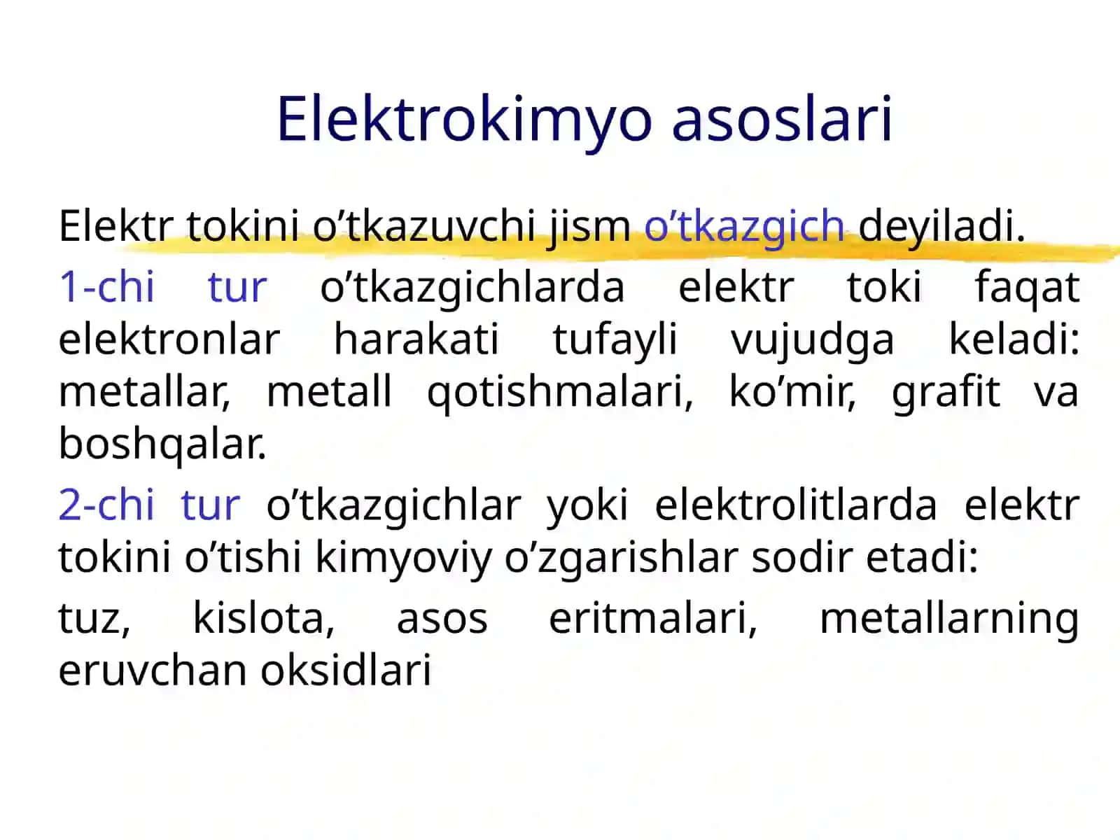 ELEKTROKIMYO ASOSLARI. ELEKTROLITLAR ERITMALARIDA ELEKTRO’TKAZUVCHANLIK 4