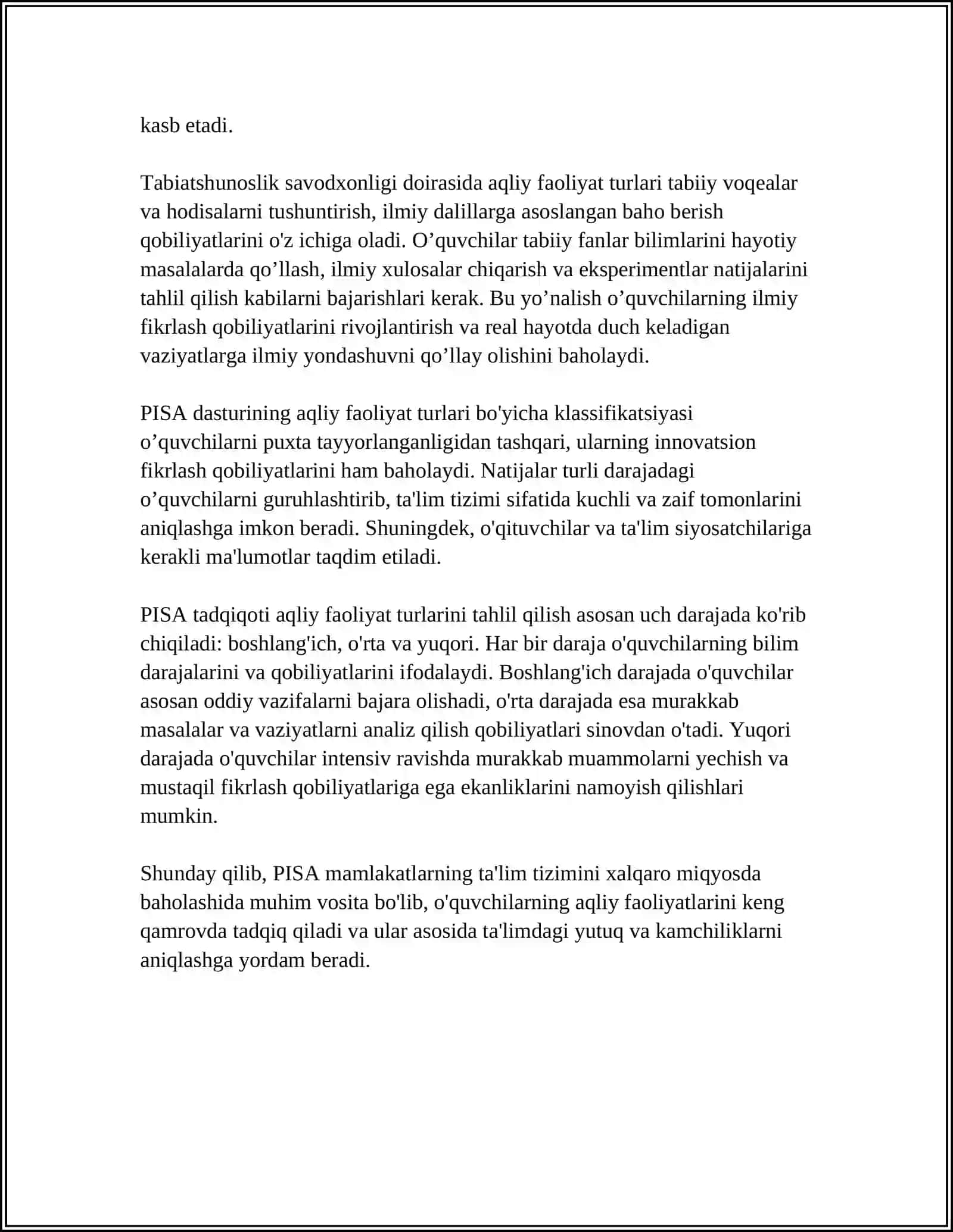 PISA XALQARO BAHOLASH DASTURI AQLIY FAOLIYAT TURLARI 4
