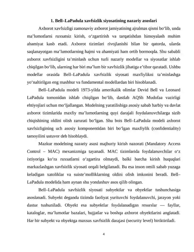 RBAC yordamida Bell–LaPadula xavfsizlik siyosatini modellashtirish” 4