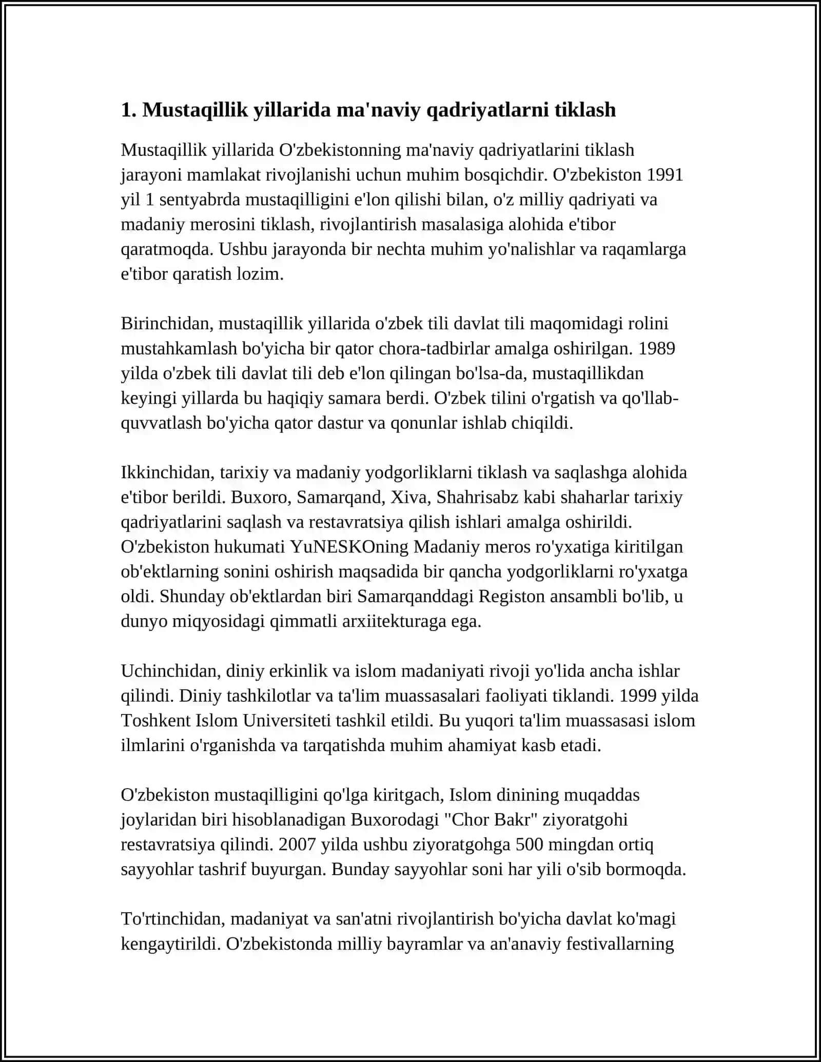 MILLIY MUSTAQILLIK G'OYASI VA MAFKURAVIY MASALALAR. MUSTAQILLIK YILLARIDA MA'NAVIY QADRIYATLARNI TIKLASH 4