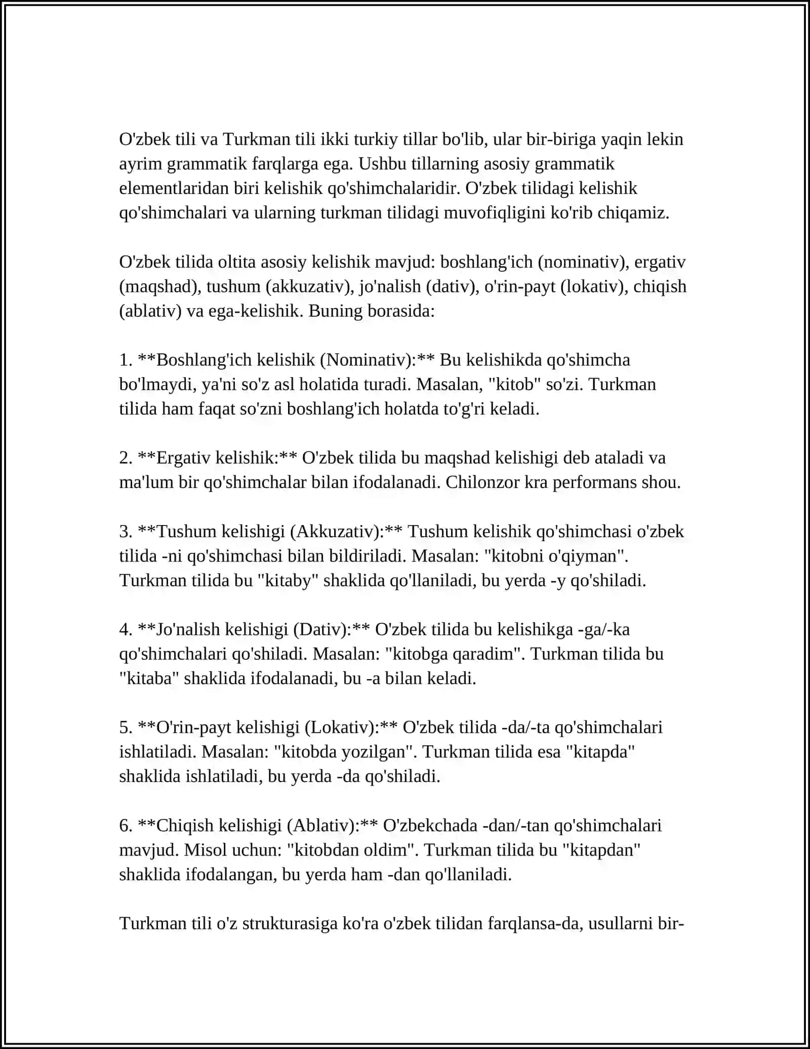 O'ZBEKCHA KELISHIK QO'SHIMCHALARINING UYG'UR,TURKMAN,QORAQALPOQ, QOZOQ, QIRĢIZ MATNLARIDA MUVOFIQLIGI 4