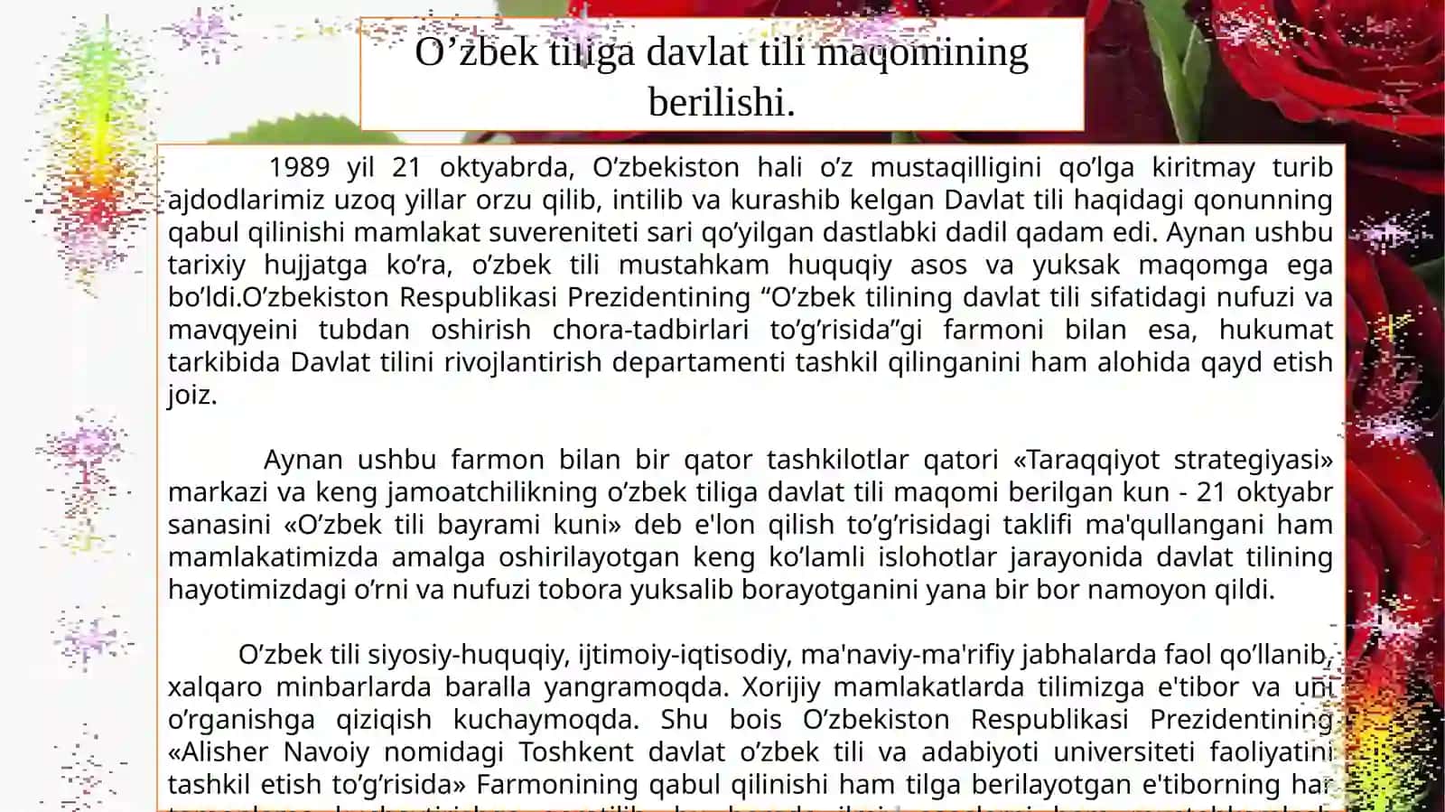 O’ZBEK TILIGA DAVLAT TILI MAQOMINING BERILISHI VA UNING TARIXIY AHAMIYATI 4