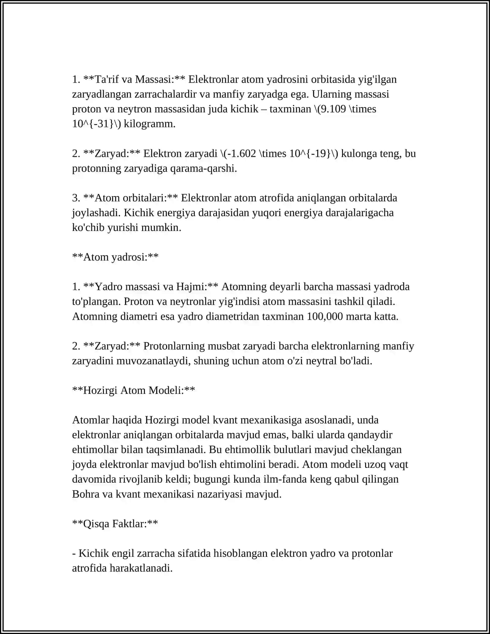 Atom va uning tuzilishi. Kvand sonlar 4