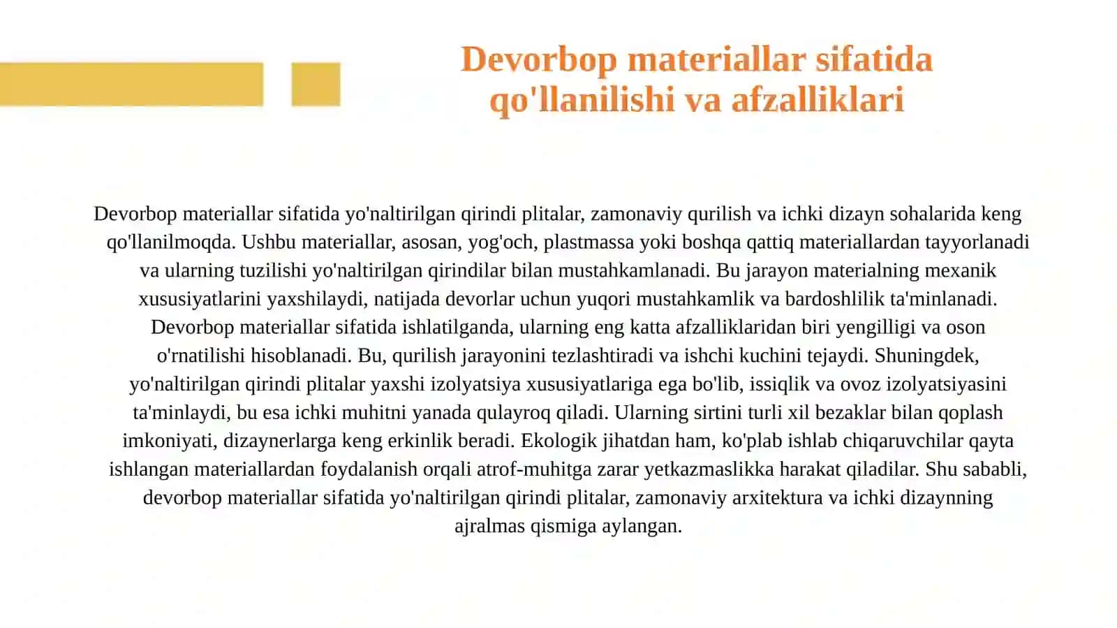 Yo'naltirilgan qirindi plitalardan devorbop materiallar 4