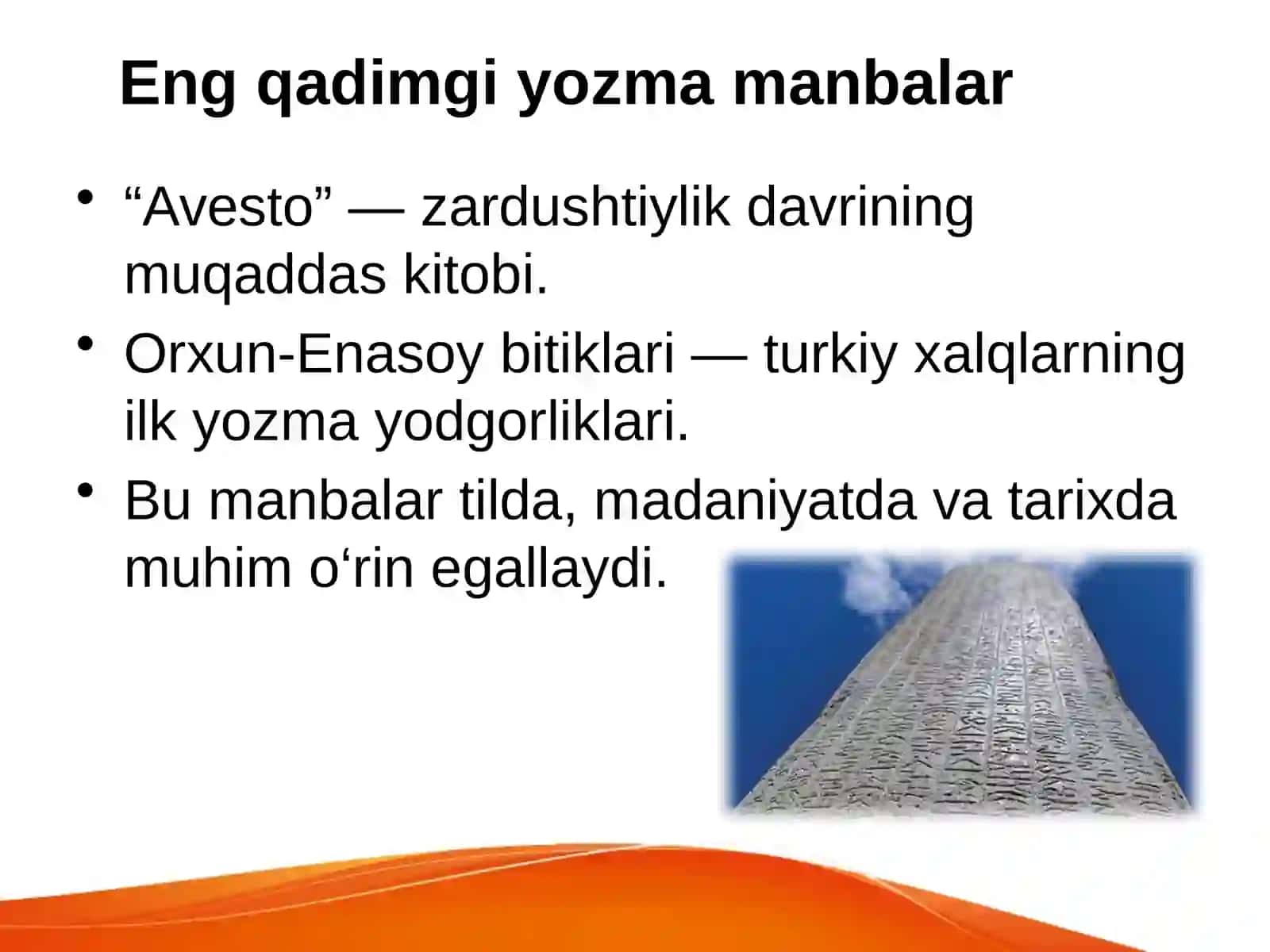 O'zbek adabiyotining qadimgi manbalari. M. Koshg‘ariy — ilk lug‘at asoschisi. 4