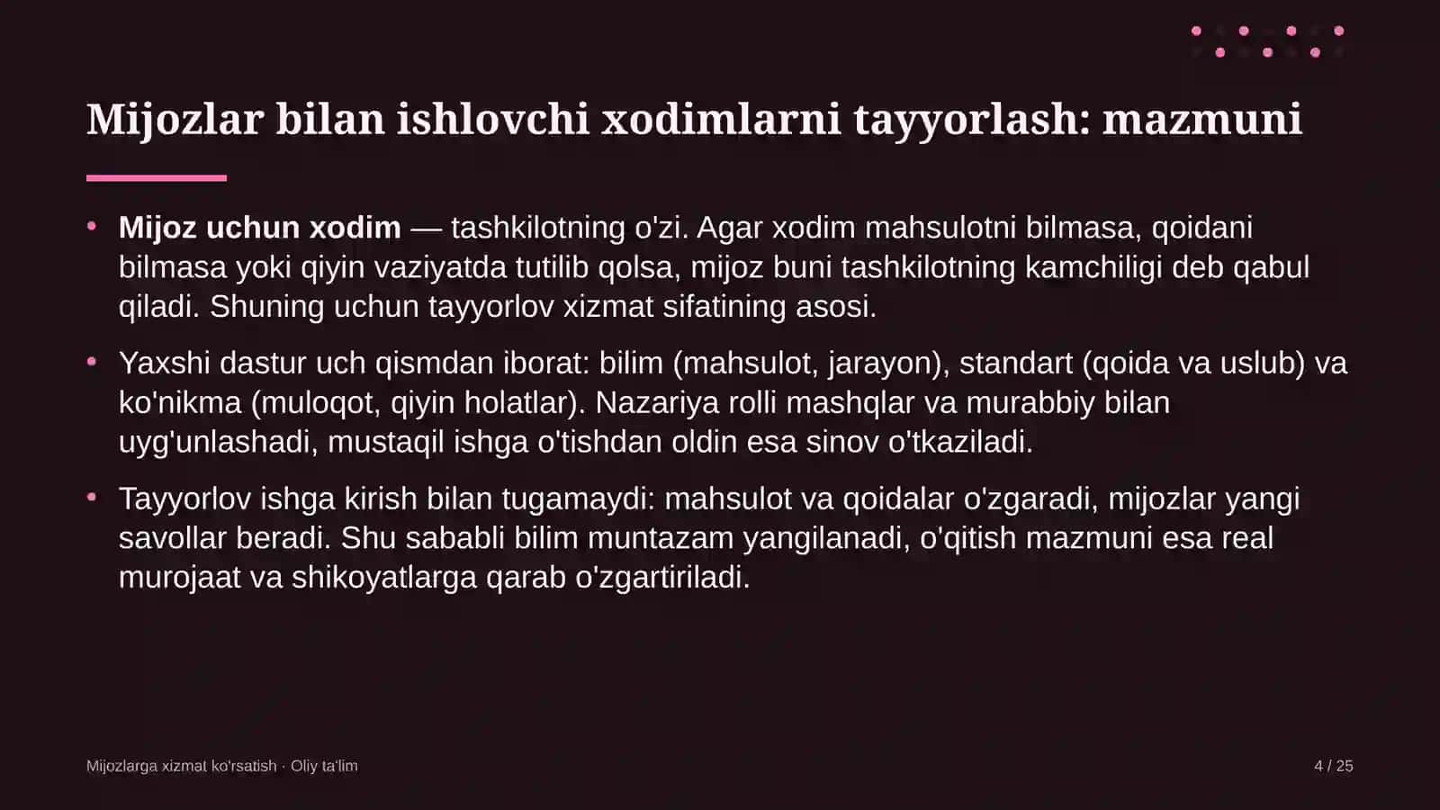 Mijozlarga xizmat ko'rsatish · Oliy ta'lim 4
