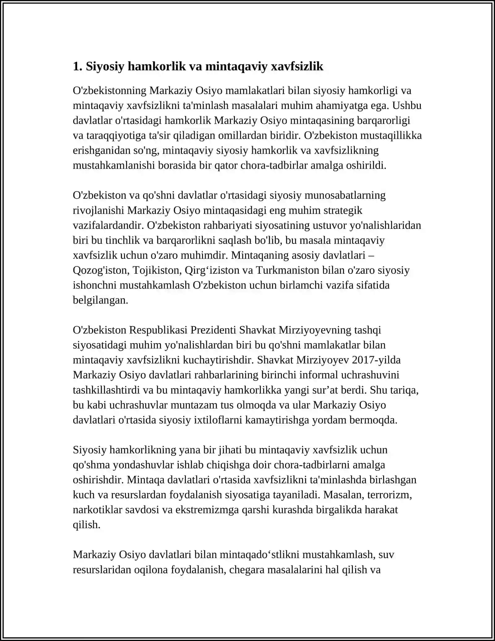 O'ZBEKISTONNING MARKAZIY OSIYO MAMLAKATLARI BILAN O'ZARO HAMKORLIGI 4