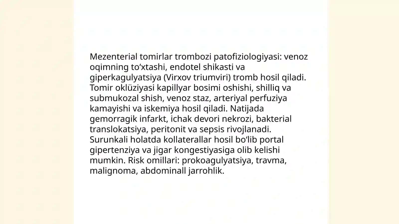 Qorindagi og'riq sindromi. Mezenterial tomirlar trombozi. Ichak, jigar, buyrak sanchigi. Shoshilinch yordam. UASh taktikasi 4