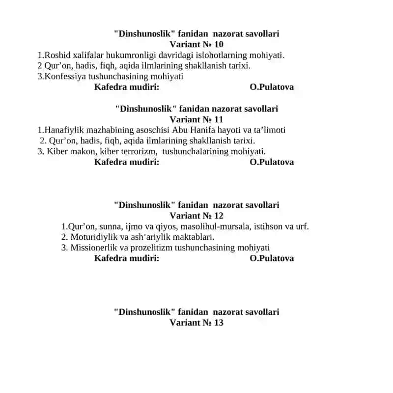 Dinshunoslik fanidan nazorat savollari 4