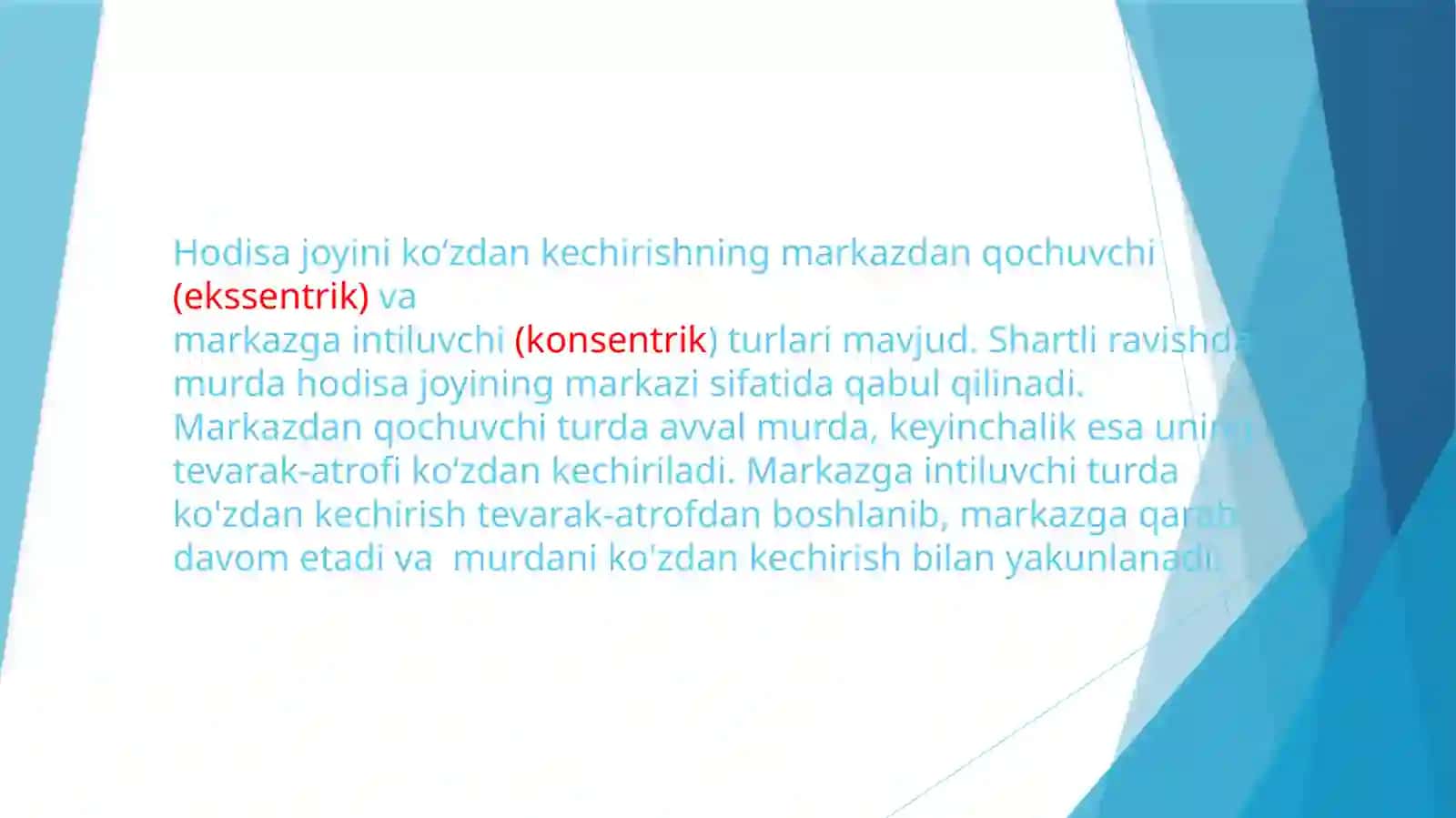 Hodisa sodir bo`lgan va murda topilgan joyni ko`zdan kechirish. 4