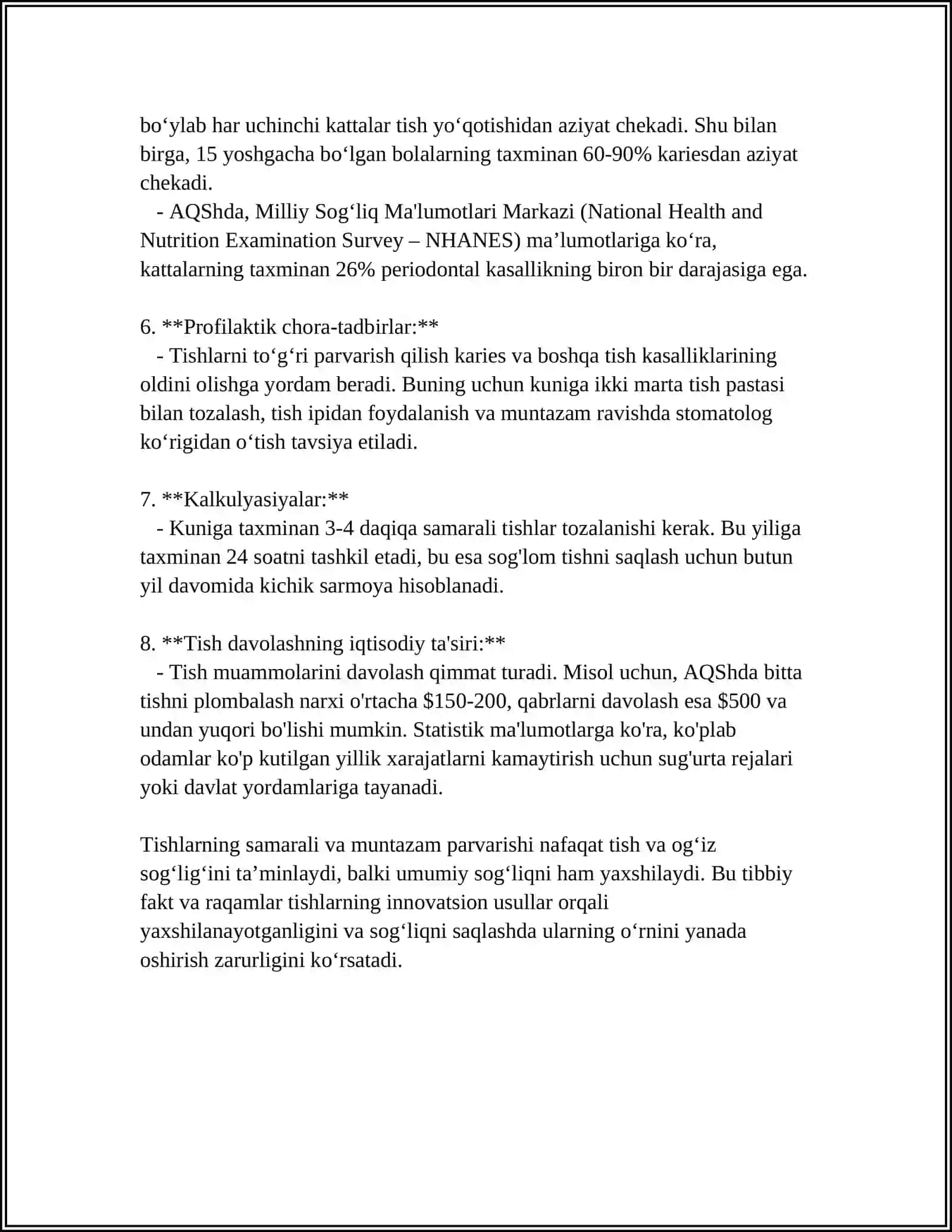 MUSTAQIL ISH Mavzu: INSON HAYOTIDA TISHNING URNI 4