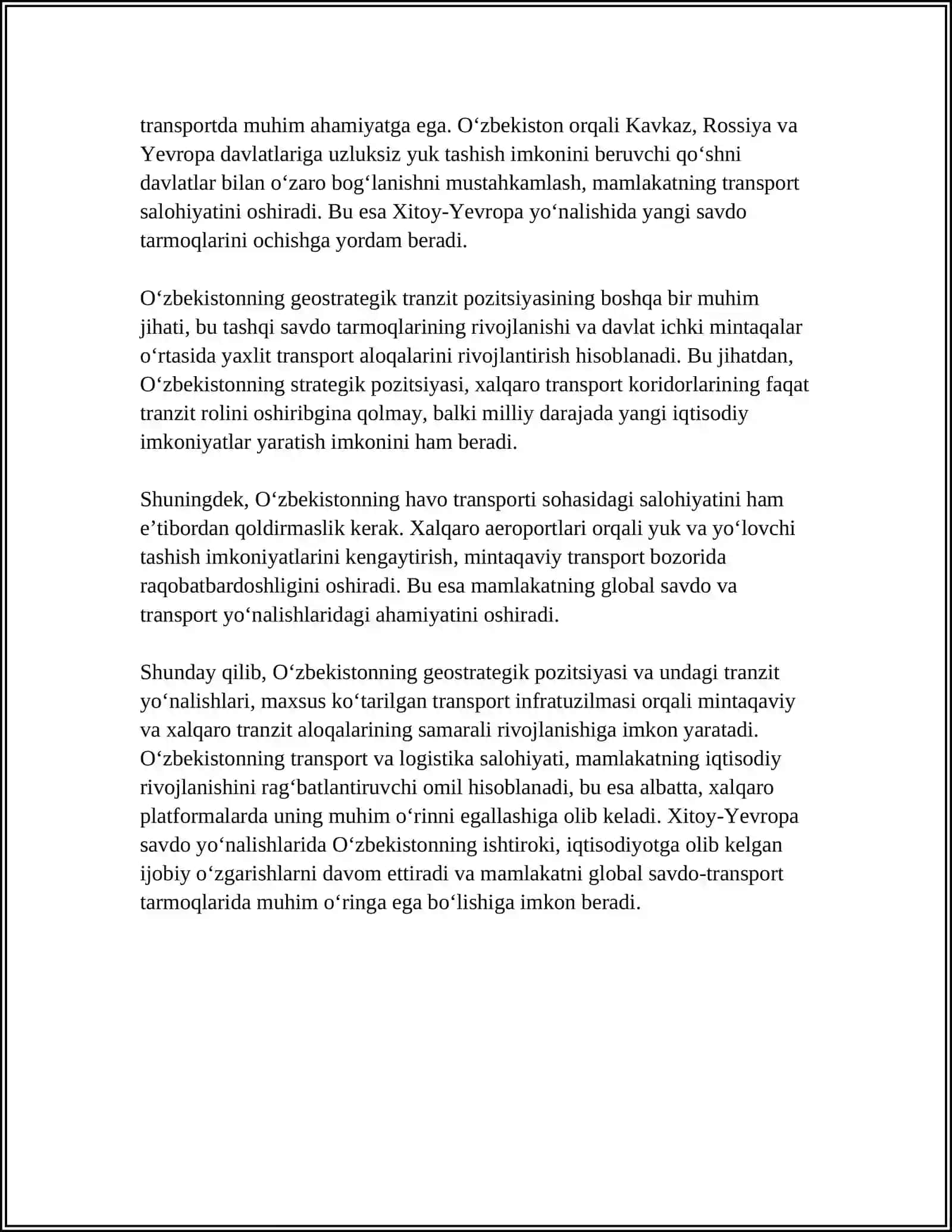 O‘ZBEKISTONNING TRANZIT SALOHIYATI VA LOGISTIKA 4