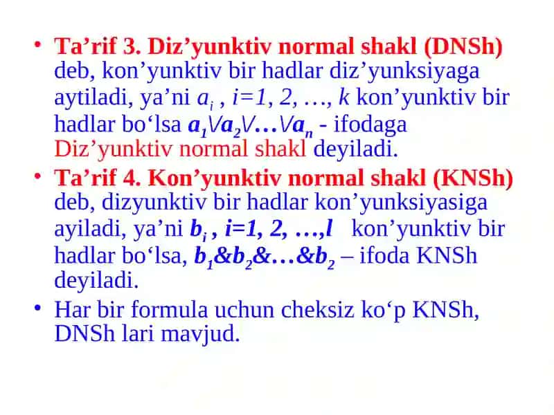Mukammal diz’yunktiv va kon’yunktiv normal shakllar 4