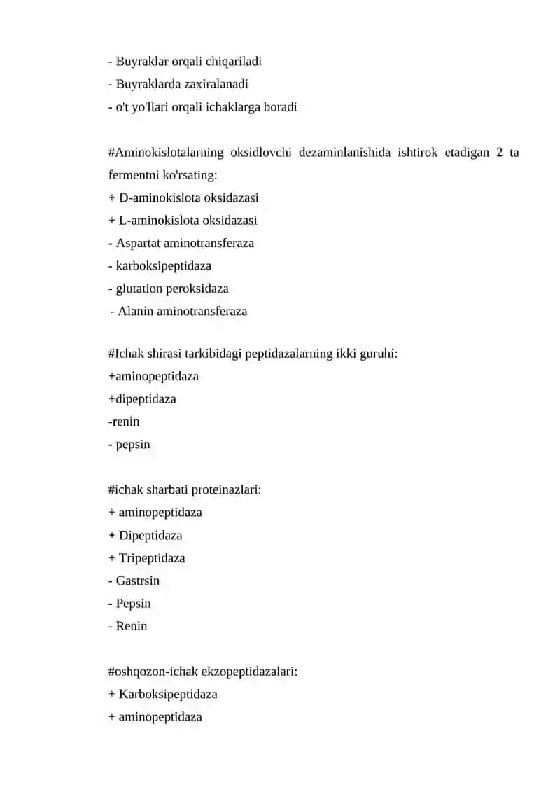 OSHQOZON –ICHAK TIZIMI BIOKIMYOSI test 4
