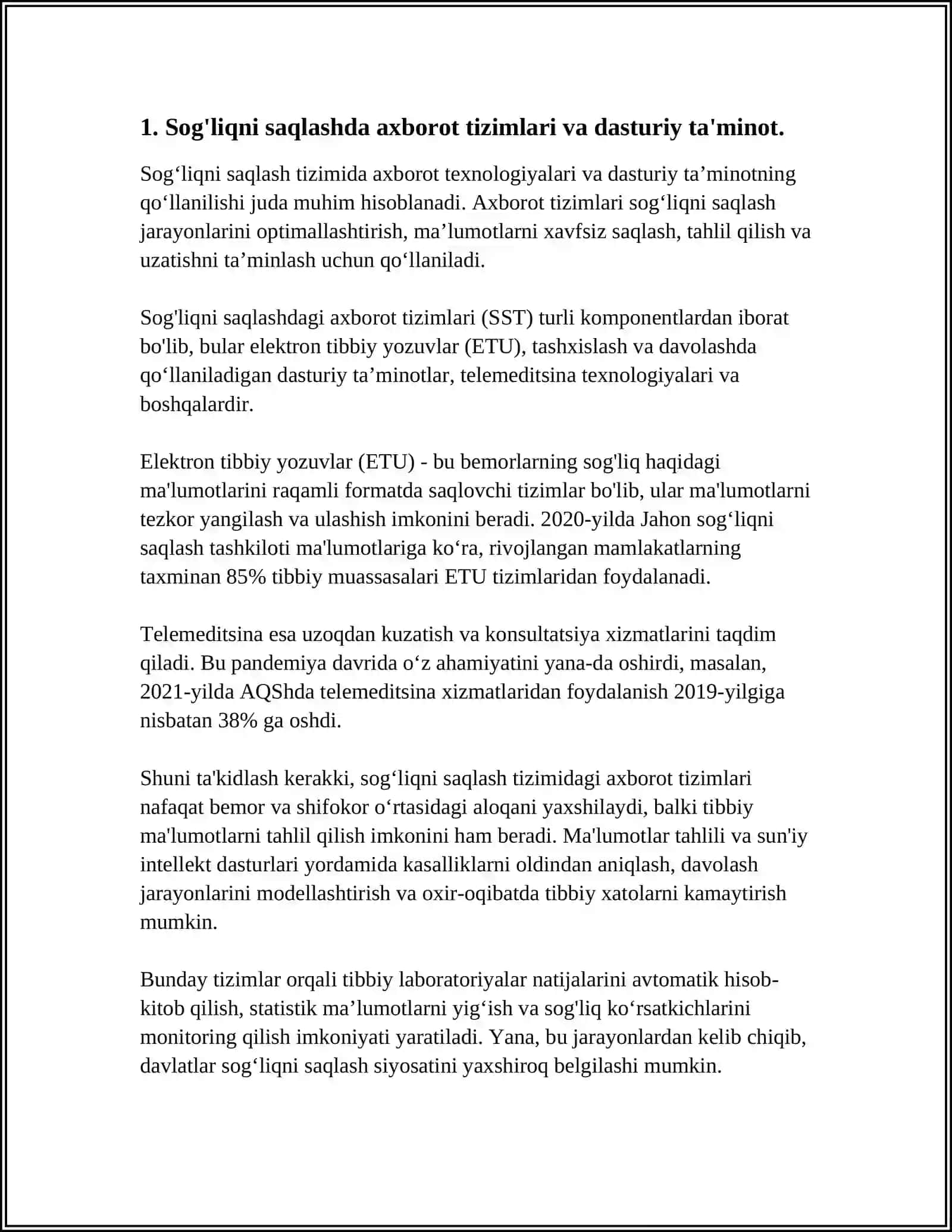 TIBBIYOTDA ISHCHI OʻRINLARINI AVTOMATLASHTIRISHDA VA TIBBIY MASALALARINI YECHISHDA AXBOROT TEXNOLOGIYALARI. DASTURIY TA'MINOT 4