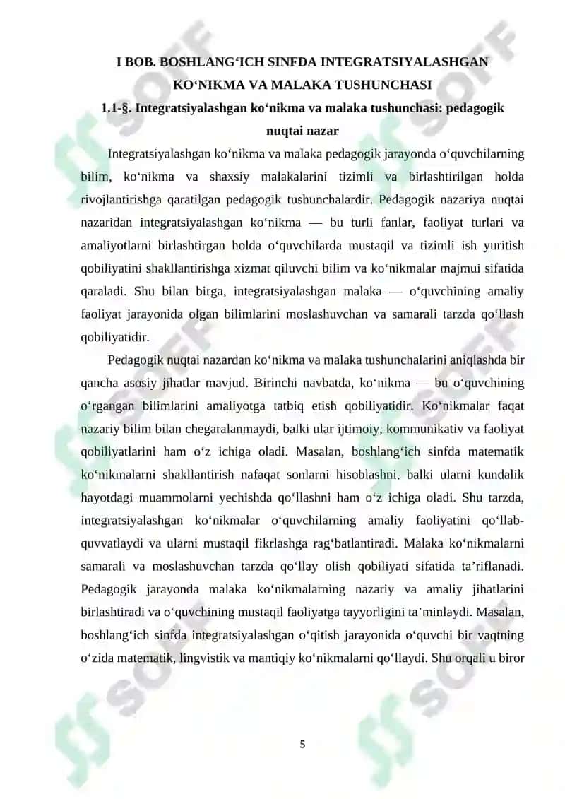 BOSHLANG’ICH SINFDA INTEGRATSIYALASHGAN KO’NIKMA VA MALAKA HOSIL QILISHNING O’ZIGA XOSLIGI 5