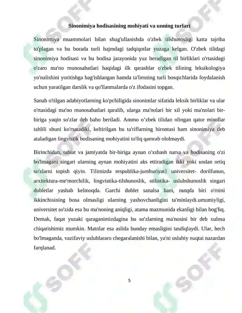 O'zbek tilshunosligida sinonimiya hodisasi kurs ishi 5