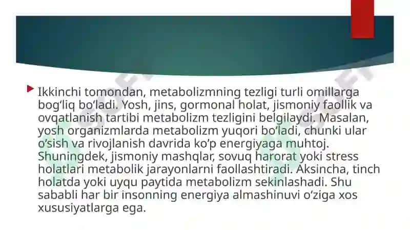 Metabalizm jarayonida energiya hosil bo’lishi va sarflanishi 5