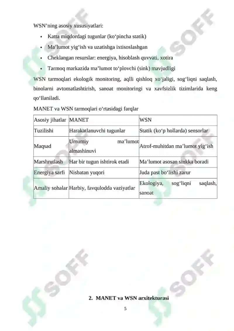 Mobil Ad-hoc tarmoqlari (MANET). Simsiz sensor tarmoqlari uchun protokollar 5