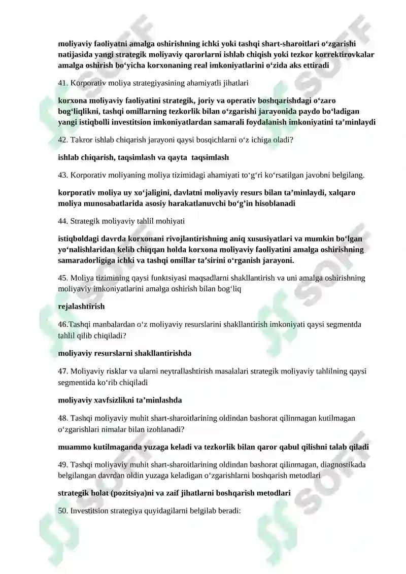 Korporativ moliya fani testlari 5