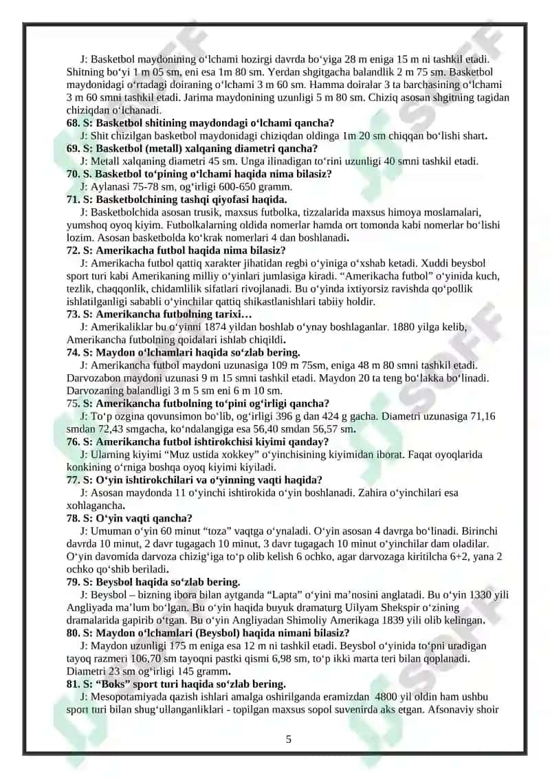 Jismoniy tarbiya fanidan yopiq test savollar va javoblar 5